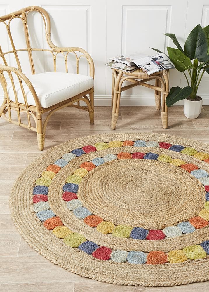 Delilah Jute multi colour natural round hand made rug