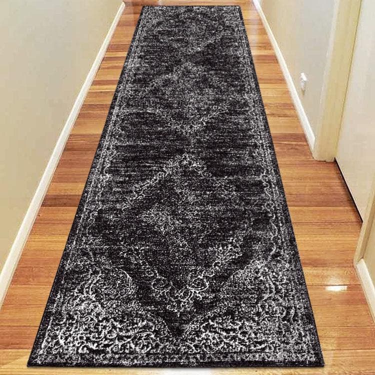 Charm 626 Dark grey poly viscose mix shimmering traditional hall runner rug