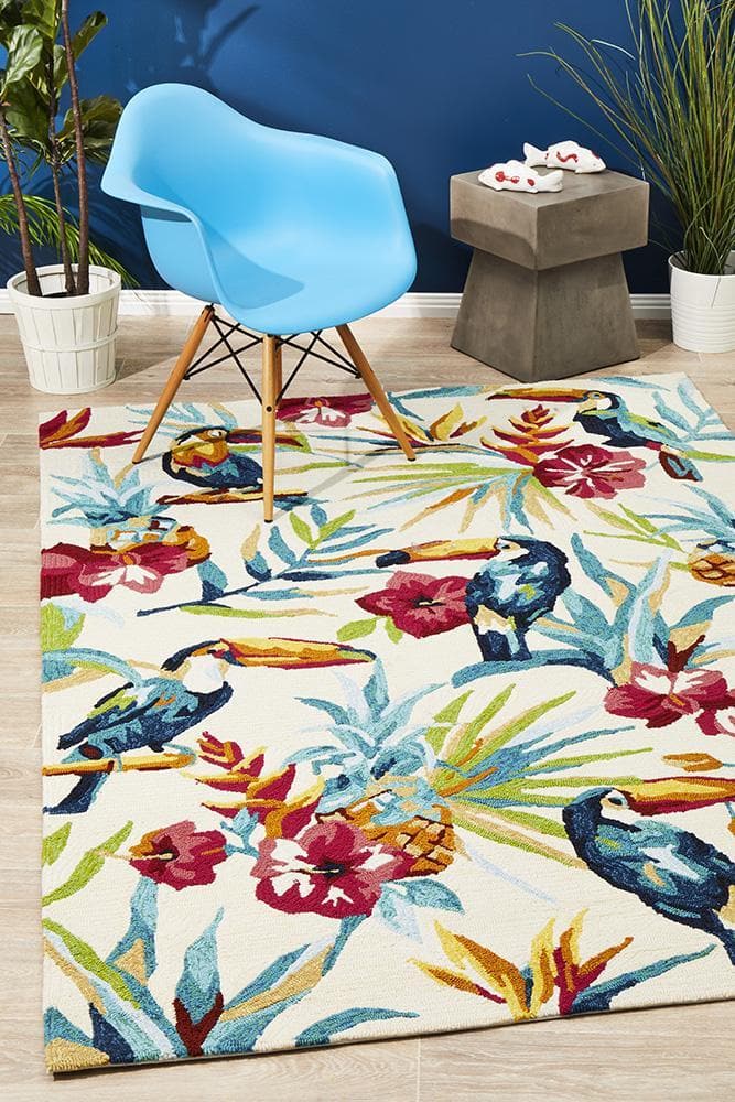 Copacabana Toucan tropical cream floral indoor outdoor rug